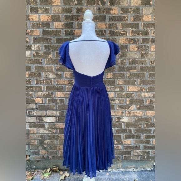 FAME AND PARTNERS Midi Knee Dress Pleated Chiffon Dark Blue 4 Cocktail Formal - Picture 4 of 7